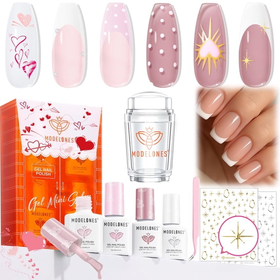 modelones French Tip Gel Nail Polish Set, 4 Colors Jelly Nude Pink White French Manicure with Nail Stamper Tool, Silver Gold Stickers, Sheer Finish, Gift for Girl, LED DIY Nail Art at Home Salon