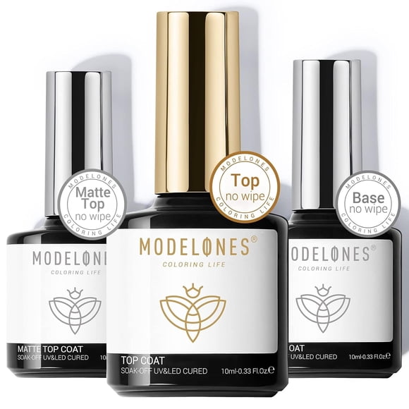 modelones Gel Top Coat Base Coat for Gel Nail Polish, 3 Pcs 10 ml No Wipe Matte & Shiny Top Coat, Long Lasting High Gloss and Matte Effects DIY at Home