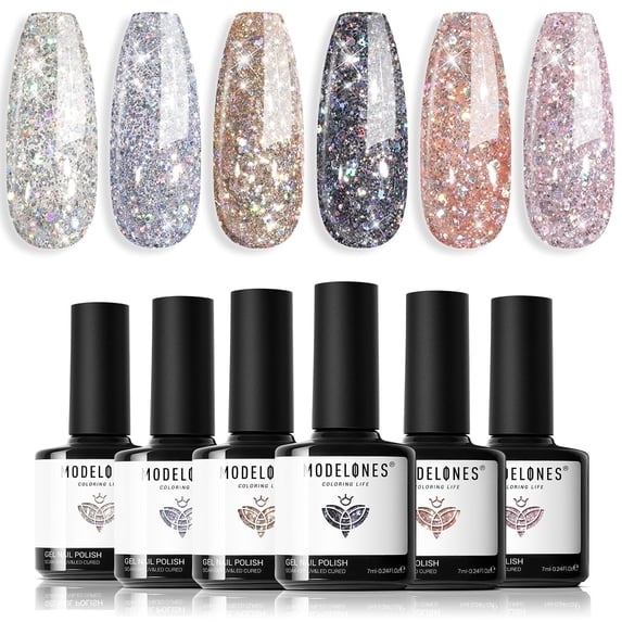 Modelones Glitter Gel Nail Polish Set, 6 Colors Sparkle Silver Gold Pink Gel Polish Kit, Chrome Platinum Soak Off Gel Nail Polish Set for Manicure Nail Art DIY Salon Home Gifts