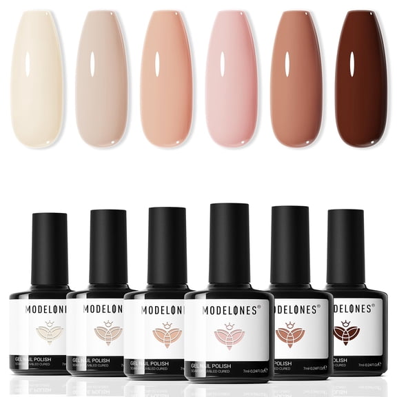 Modelones Nude Gel Nail Polish Set, 6 Colors Neutral Milky White Brown Gel Polish Kit, Skin Tone Soak Off Gel Nail Polish for Manicure DIY at Home Nail Art Salon