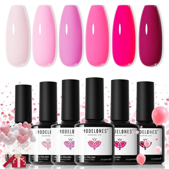 modelones Pink Gel Nail Polish Set 6 Colors, Hot Pink Tones Neon Pink White Shades Magenta Light Soft to Dark Nail Art Design for Women Girl Nail Lovers Gift Salon DIY Halloween Gel Manicure Kit