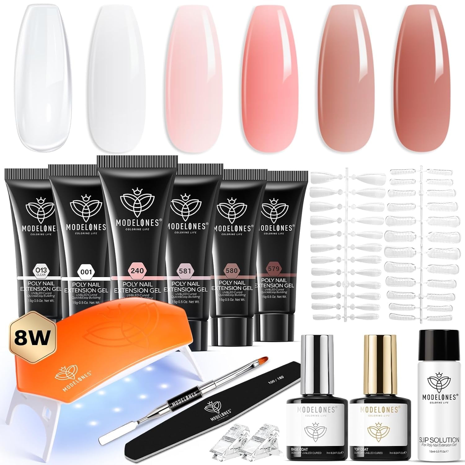 modelones Poly Gel Nail Kit 6 Colors with 8 W Nail Lamp Nail Extension Gel Kit Nude Clear Pink Natural Complete Starter Kit for Beginner Nail Thickening Solutions DIY at Home for Women