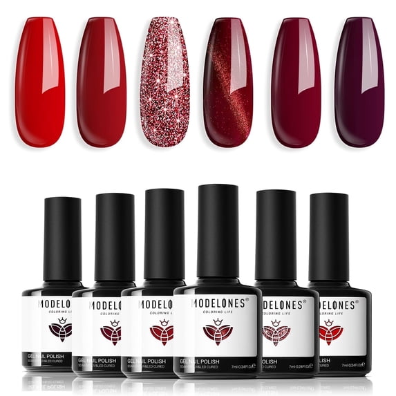 modelones Red Gel Nail Polish Set - 6 Colors Ruby Sparks Collection Popular Glitter Gel Polish Cat Eye Magnetic Gel Burgundy Red Sparkle Bloody Nail Gel Polish Kit Valentine's Day Nail Art DIY Gift
