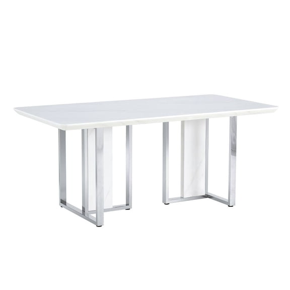 A modern minimalist and luxurious white rectangular with a patterned dining table. MDF table and stainless steel frame. Computer desk. Game table. Used in restaurants and living rooms.W1151S00648