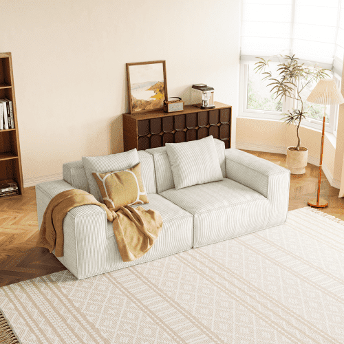 modular sofa can be converted into an oversized sofa bed Free conversion sofa set flexible configuration, soft corduroy cloud velvet fabric two person combination-white