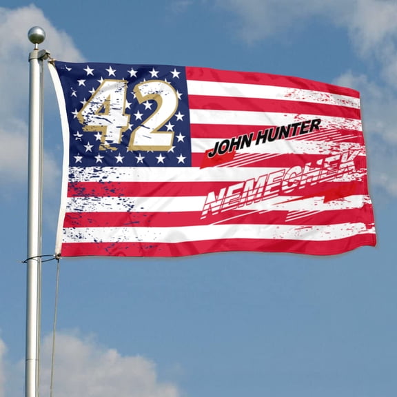 mokarier Autographed Checkered John Hunter Flag Nemechek #42 Racing Flag Banner 3x5Ft with Brass Grommets for Car Fans Indoor Outdoor Decor stars&stripes