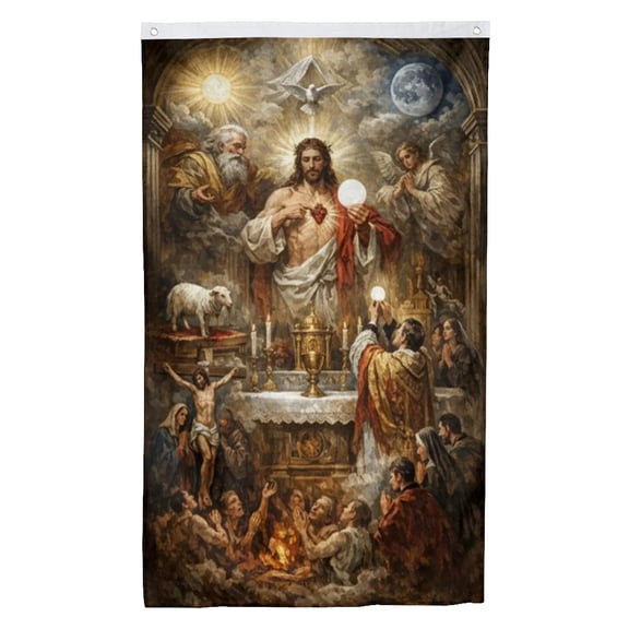 mokarier Jesus Christ Sacred Heart Flag Banner 3x5Ft with Brass Grommets for Car Fans Indoor Outdoor Decor Blue