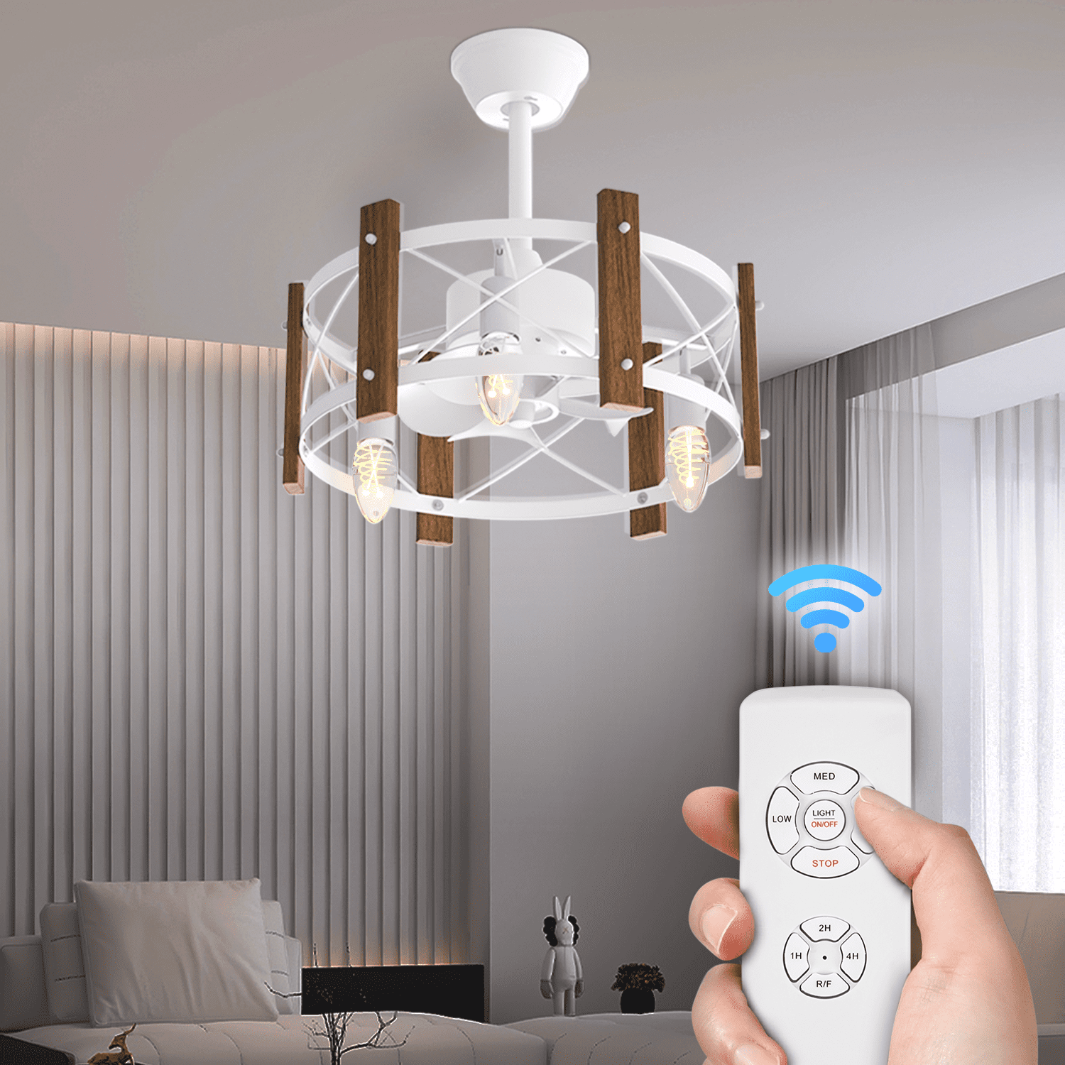 White and Brown Rustic Low Profile Ceiling Fan with LED Light