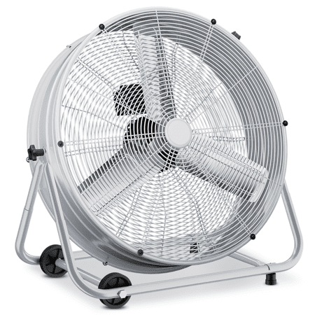 mollie 24 Inch 3-Speeds High Velocity Floor Fan, Heavy Duty Metal Industrial Drum Fan with Wheels and Adjustable Tilt for Warehouse Workshop Commercial, Silver