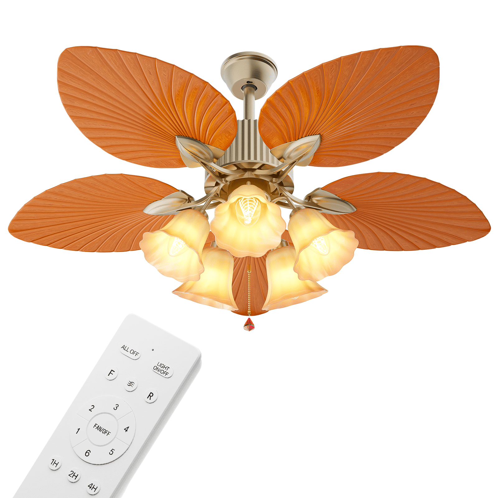 Golden Polished Tropical Ceiling Fan with LED Lights and Remote