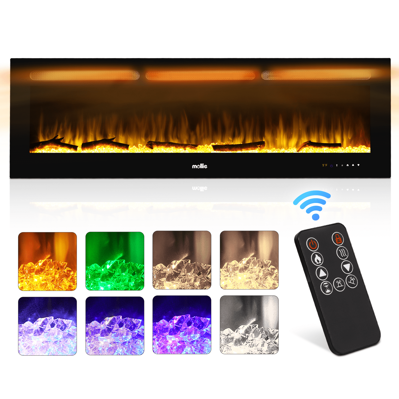 mollie 60" Electric Fireplace, Recessed Wall Mounted Electric Fireplace Heater with Adjustable Flame Colors, Timer, Touch Screen and Remote Control, Black