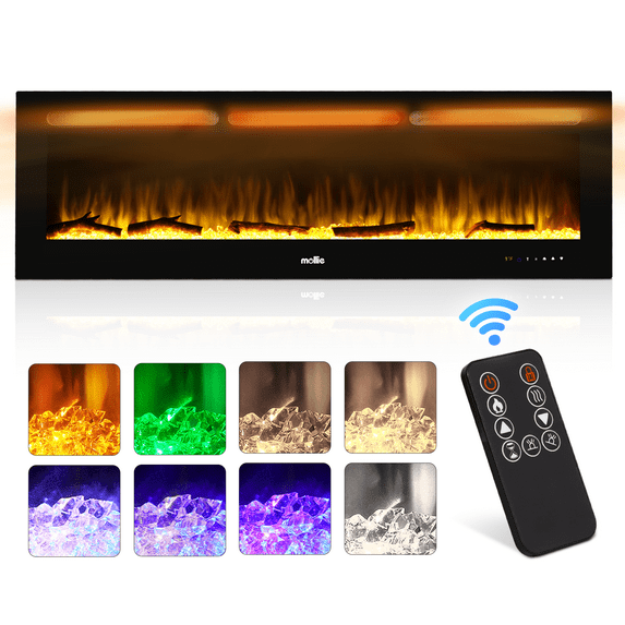 mollie 60" Electric Fireplace, Recessed Wall Mounted Electric Fireplace Heater with Adjustable Flame Colors, Timer, Touch Screen and Remote Control, Black