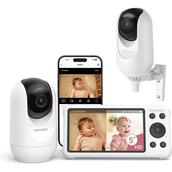 Momcozy Smart WiFi Baby Monitor with 2 Cameras, 5’’ 1080P Split Screen Video Baby Monitor with Camera and Audio, Clear Night Vision, 5000mAh Battery, 2-Way Audio