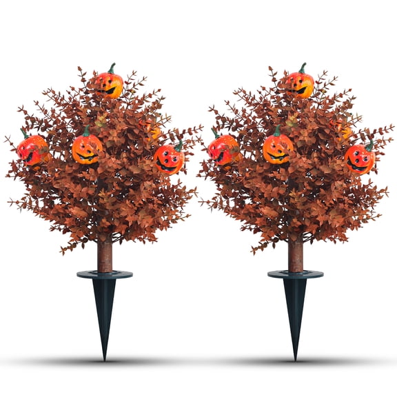 momoplant Artificial Fall Pumpkin Tree Stakes 23'' Tall Fake Pumpkin Topiary with Eucalyptus for Halloween Thanksgiving Decor