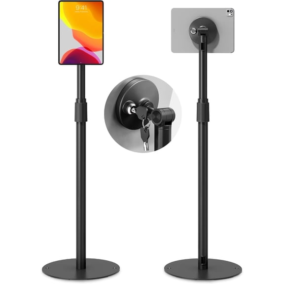 monTEK Anti-Theft Tablet Floor Stand for 715 Inch Tablets, Security Lock, Frameless Kiosk Mount, Height Adjustable 34.553.1", 360 Rotation, Tilt Adjustment, Black