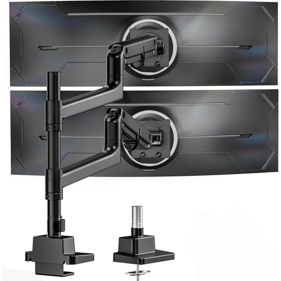 monTEK Dual Monitor Arm for 17–57 in Ultrawide Screens, Heavy Duty Gas Spring Desk Mount Holds 59.4 lb per Screen, Vertical Stackable Adjustable Stand, VESA 75x75/100x100, Clamp & Grommet, Black
