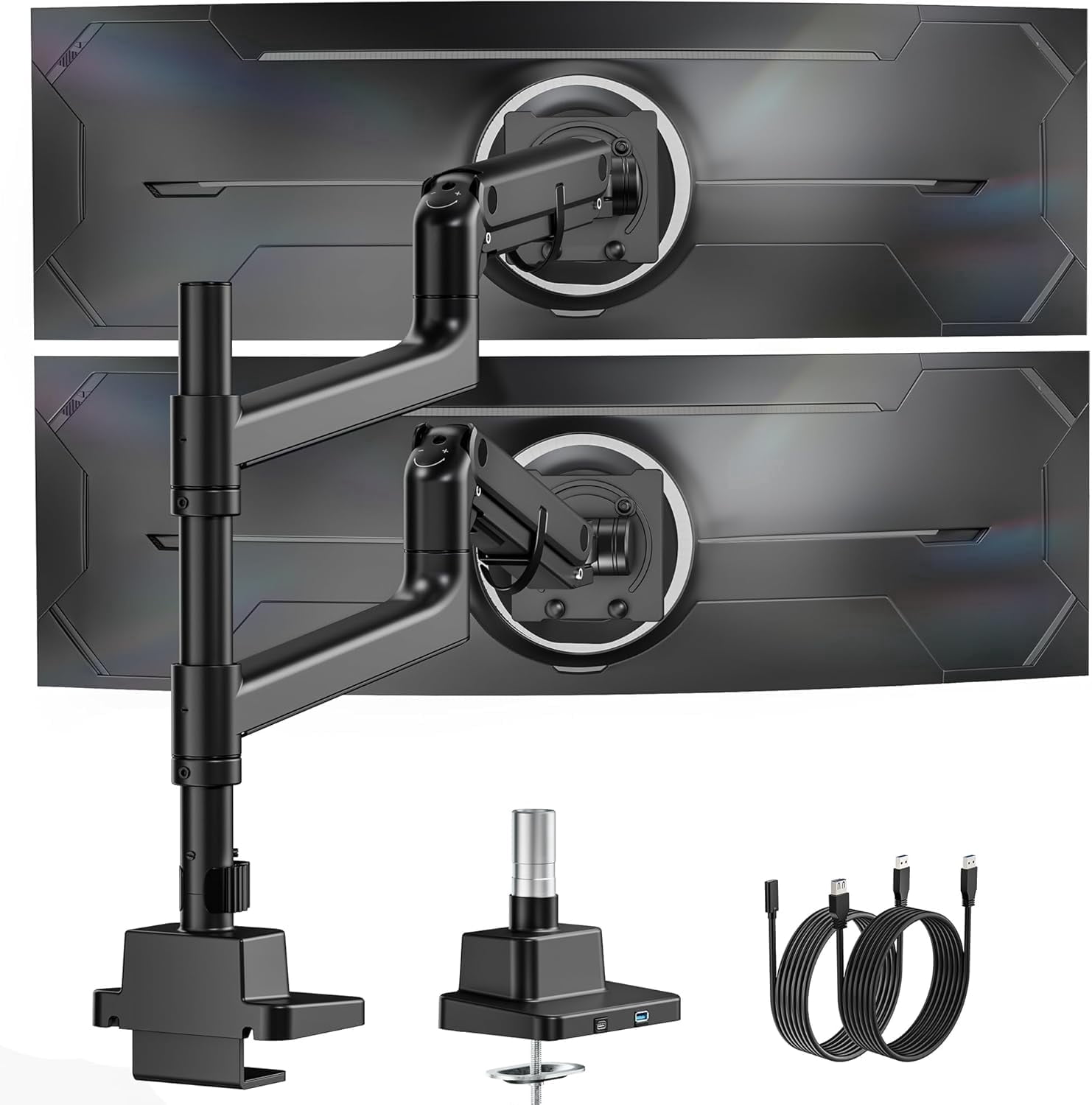monTEK Dual Monitor Arm for 17–57 in Ultrawide Screens, Heavy Duty Gas Spring Desk Mount Holds 59.4 lb per Screen, Vertical Stackable Adjustable Stand, VESA 75x75/100x100, Clamp & Grommet, Black