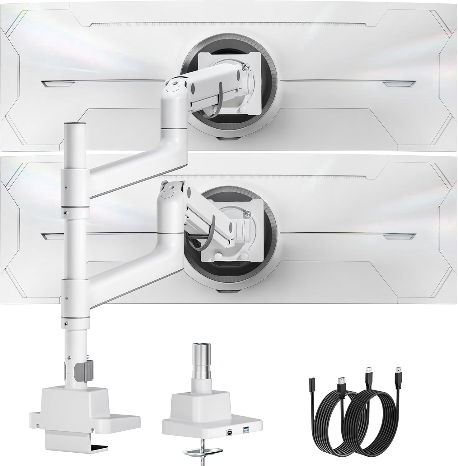 monTEK Dual Monitor Arm for 17–57 in Ultrawide Screens, Vertical Stackable Gas Spring Desk Mount Holds 59.4 lb per Screen, Adjustable Tilt Swivel Rotation, VESA 75x75/100x100, Clamp & Grommet, White