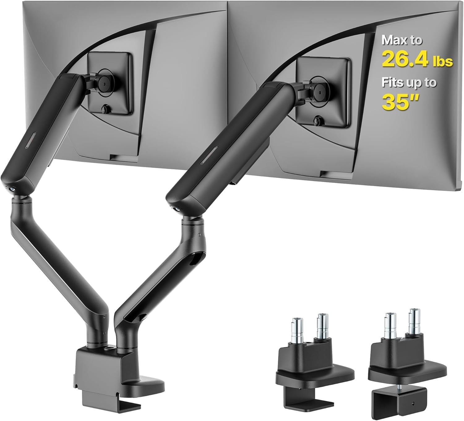 monTEK Dual Monitor Arm, Mechanical Spring Dual Monitor Mount for 17–35" Screens, Holds up to 26.4 lb per Arm, Full Motion Desk Stand with VESA 75x75/100x100, C-Clamp & Grommet
