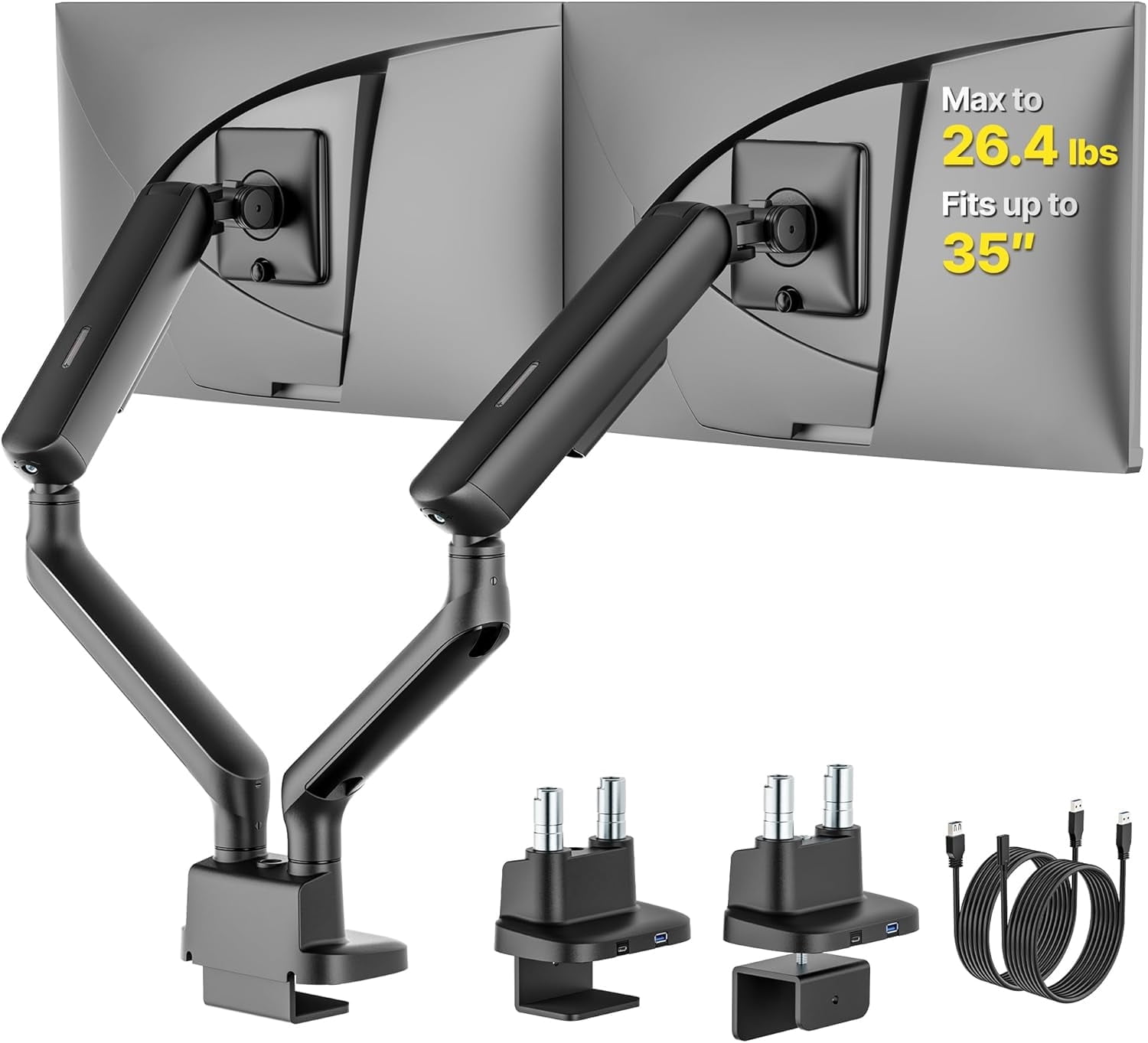 monTEK Dual Monitor Arm with USB Ports, Mechanical Spring Dual Monitor Mount for 17–35" Screens, Holds up to 26.4 lb per Arm, Full Motion Desk Stand with VESA 75x75/100x100, C-Clamp & Grommet
