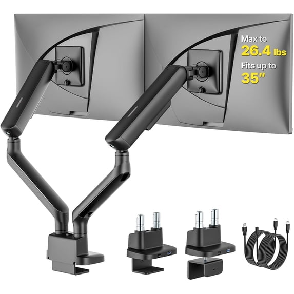 monTEK Dual Monitor Arm with USB Ports, Mechanical Spring Dual Monitor Mount for 17–35" Screens, Holds up to 26.4 lb per Arm, Full Motion Desk Stand with VESA 75x75/100x100, C-Clamp & Grommet