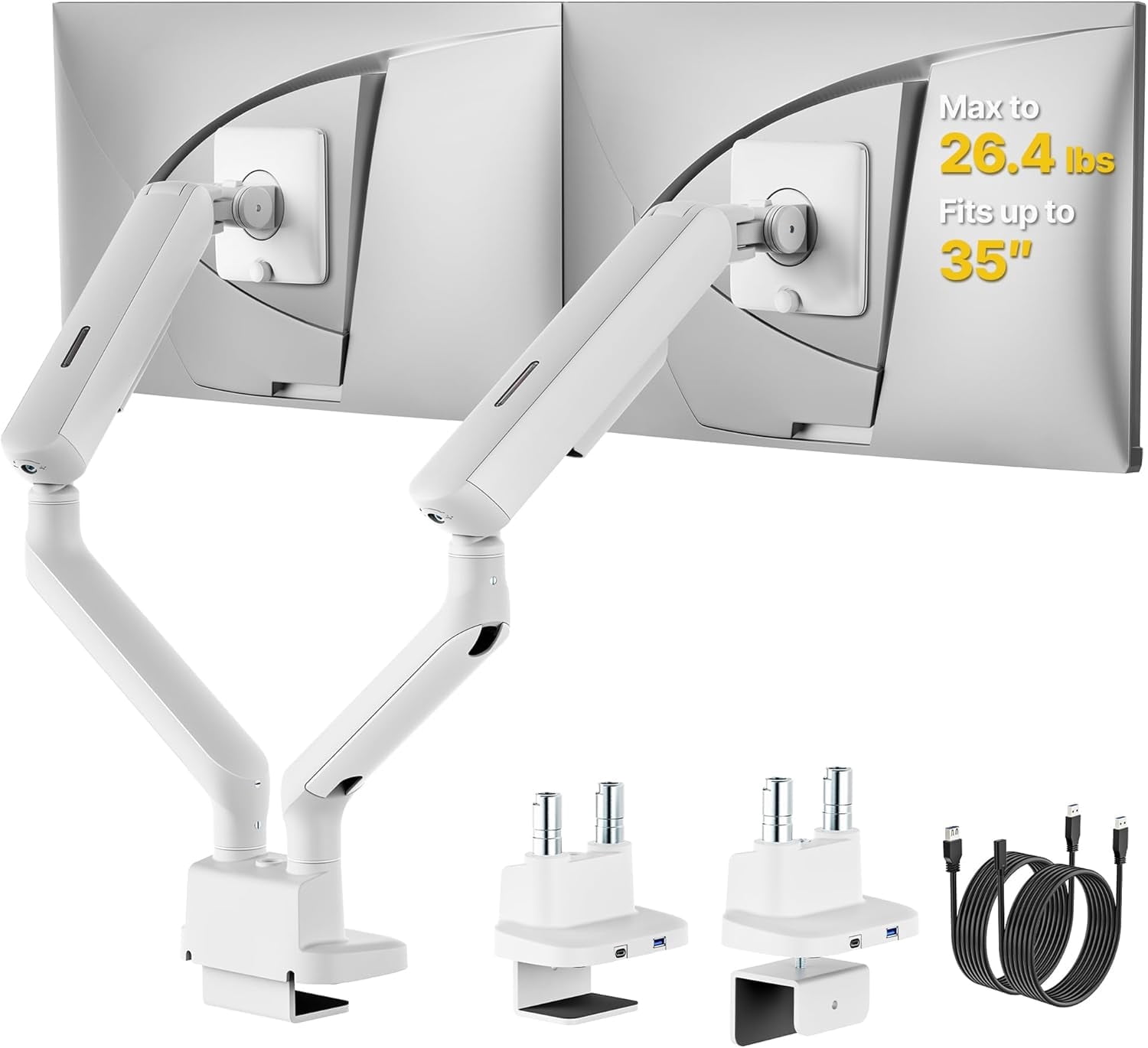 monTEK Dual Monitor Arm with USB Ports, Mechanical Spring Dual Monitor Mount for 17–35" Screens, Holds up to 26.4 lb per Arm, Full Motion Desk Stand with VESA 75x75/100x100, C-Clamp & Grommet