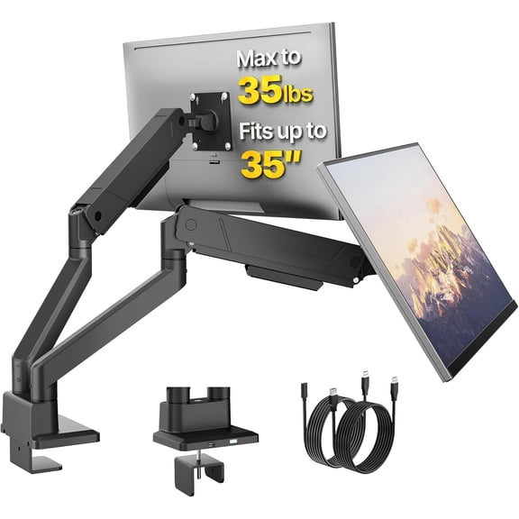 monTEK Dual Monitor Mount for 17"–35" Screens with USB Ports, Heavy Duty Adjustable Monitor Arm for 2 Monitors up to 35 lb Each, VESA Desk Mount with C-Clamp/Grommet Base, Black