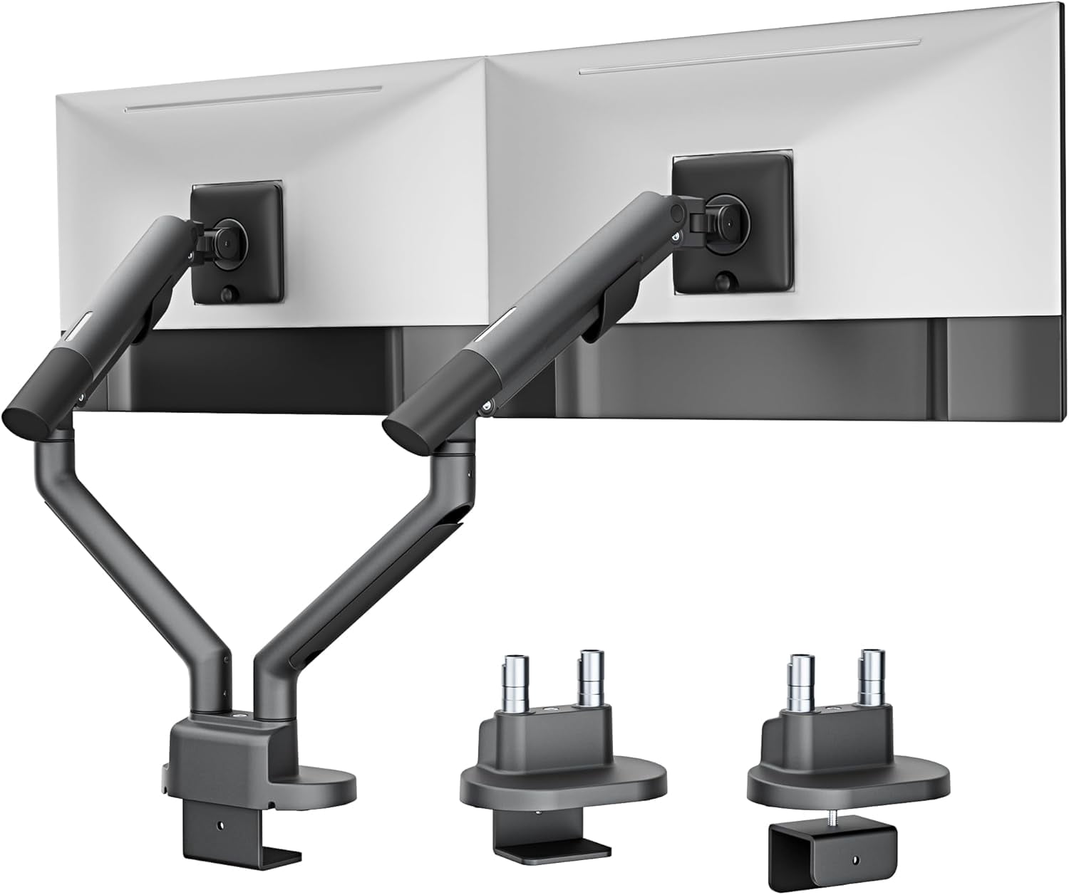 monTEK Dual Monitor Mount for 2 Screens up to 35 inches - Full Motion Adjustable Arm with Heavy Duty C-Clamp/Grommet Base, 24.25lbs per Arm, VESA Compatible, Gray