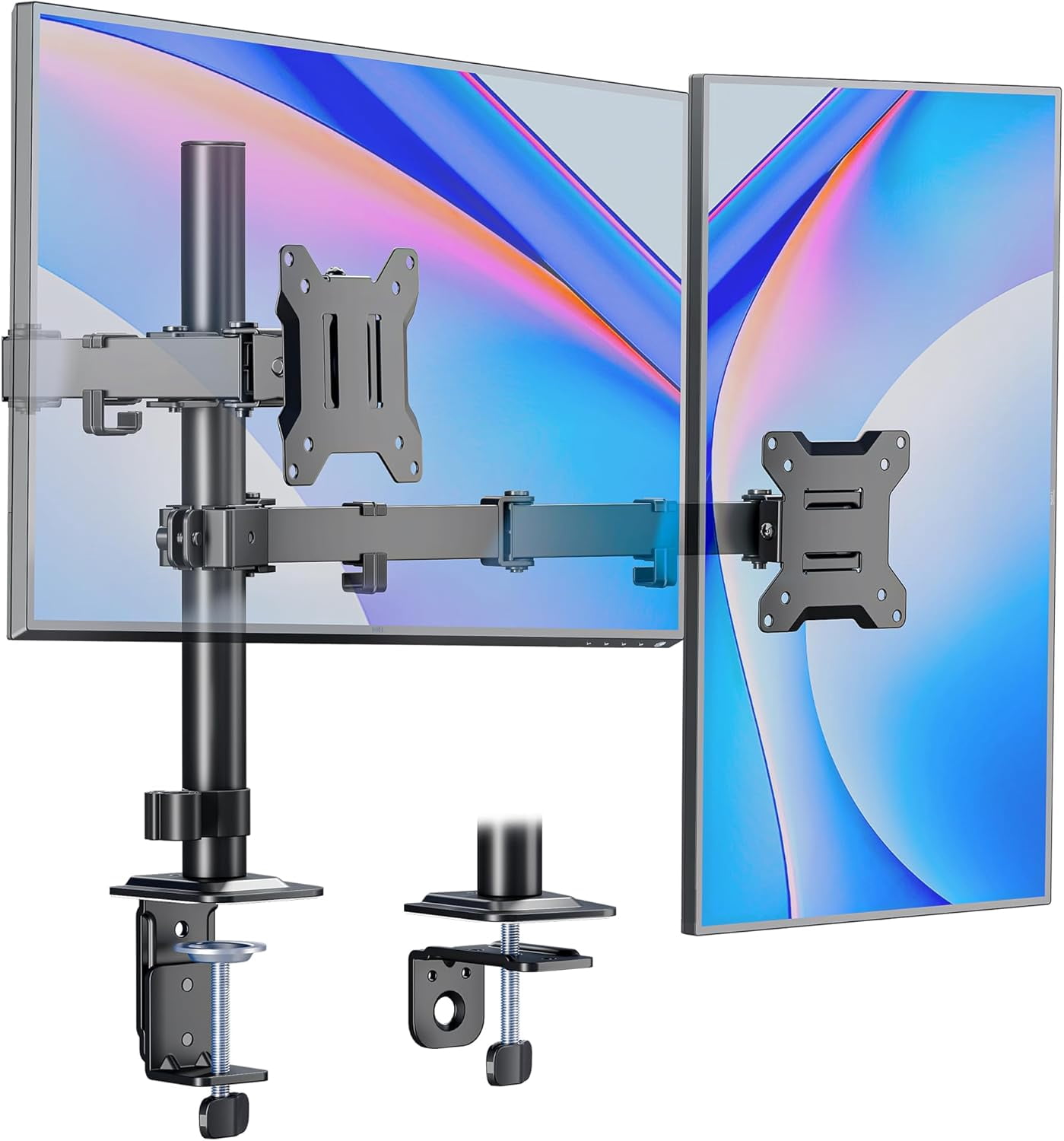 monTEK Dual Monitor Stand for 17–32 Inch Screens, Adjustable Desk Mount Holds up to 22 lbs per Arm, Full Motion Monitor Mount with C-Clamp/Grommet, VESA 75x75/100x100