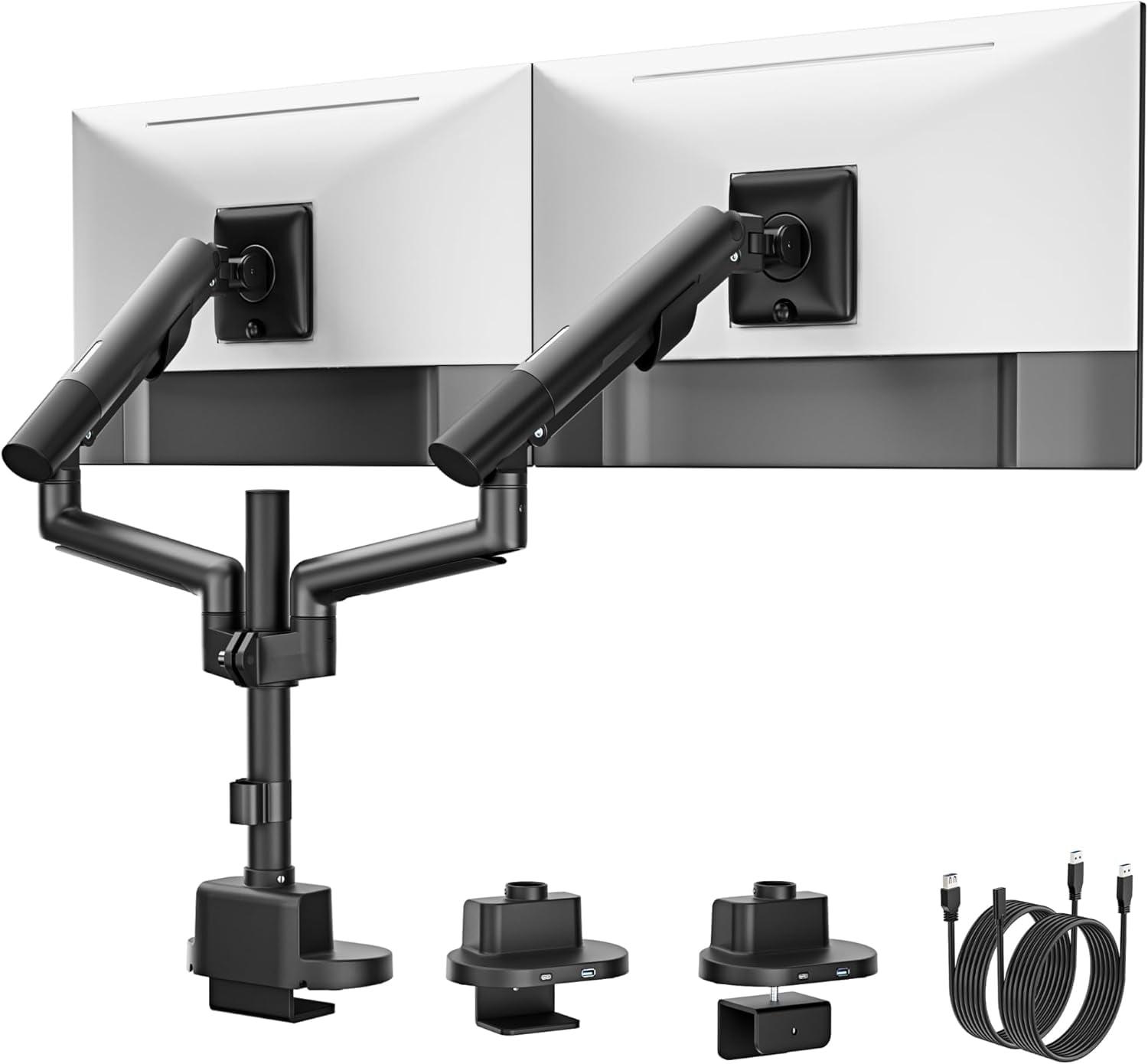 monTEK Dual Monitor Stand with Tall Post & USB Ports - for 2 Screens up to 35 inches, Full Motion Adjustable Monitor Arm, Heavy Duty C-Clamp/Grommet Mount, 24.25 lbs per Arm