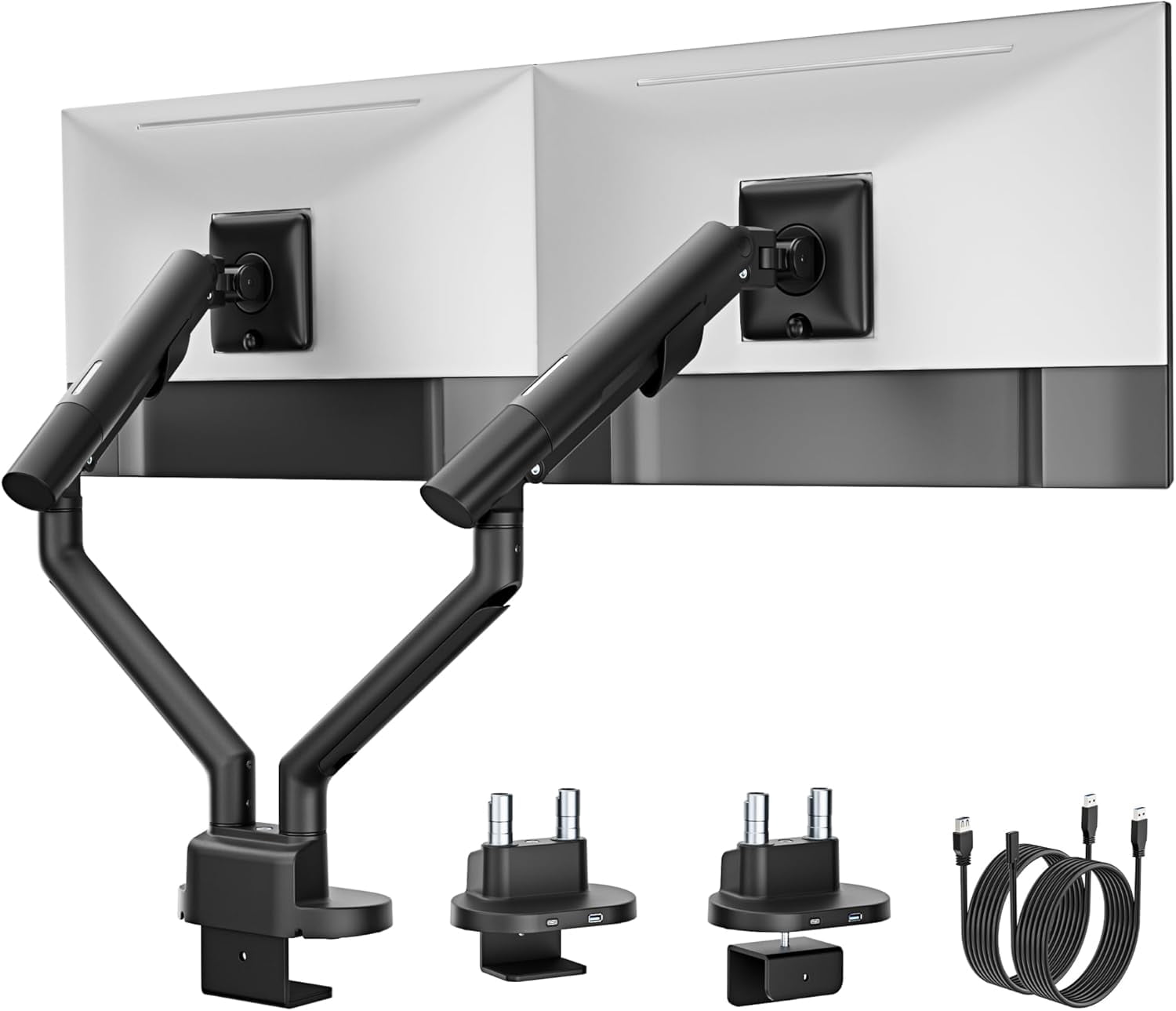 monTEK Dual Monitor Stand with USB-C & USB-A 3.0 Ports, for 2 Screens up to 35 inches – Full Motion Adjustable Monitor Arm, Heavy Duty C-Clamp/Grommet Mount, 24.25lbs per Arm, Black