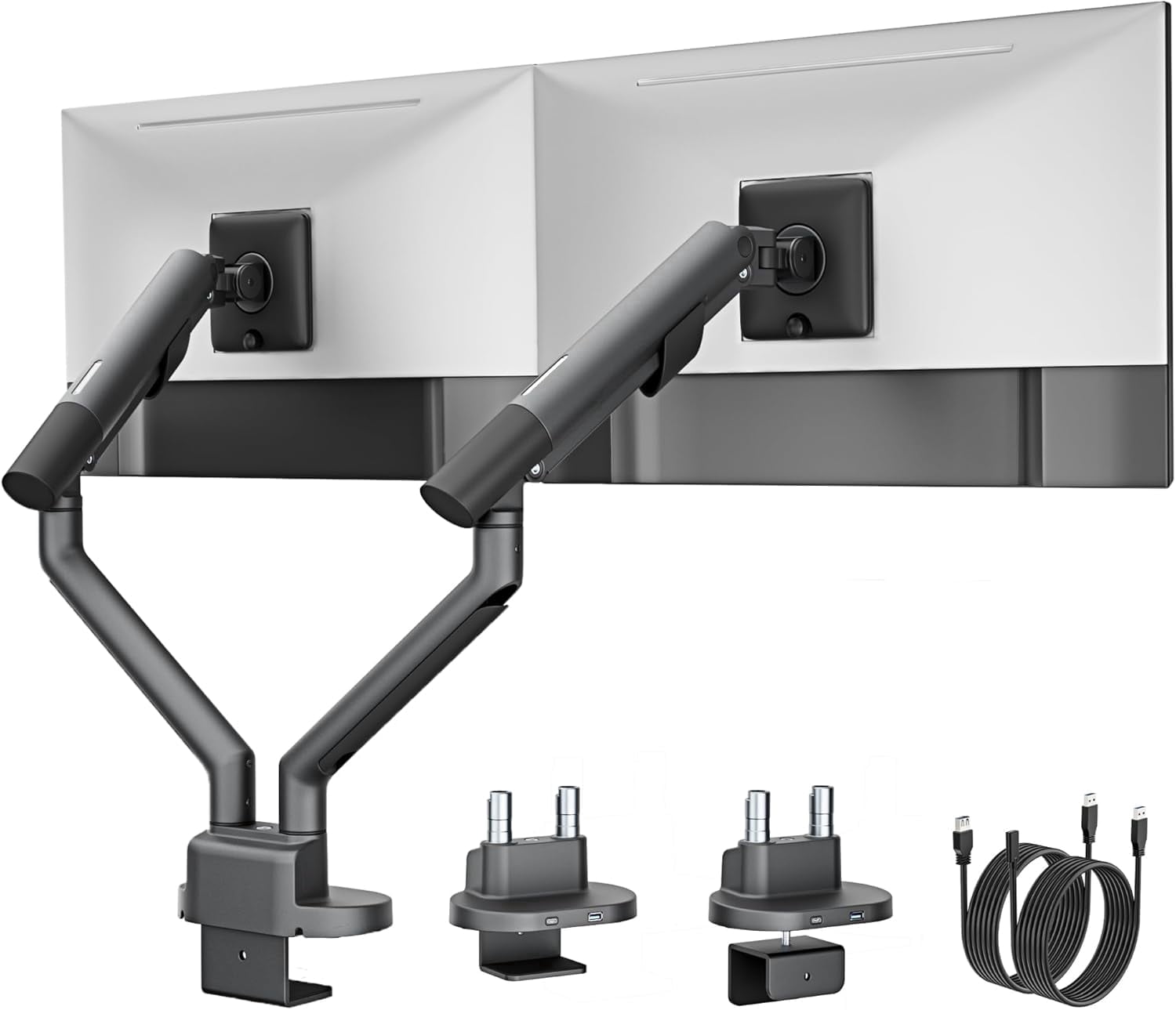 monTEK Dual Monitor Stand with USB-C & USB-A 3.0 Ports, for 2 Screens up to 35 inches – Full Motion Adjustable Monitor Arm, Heavy Duty C-Clamp/Grommet Mount, 24.25lbs per Arm, Gray