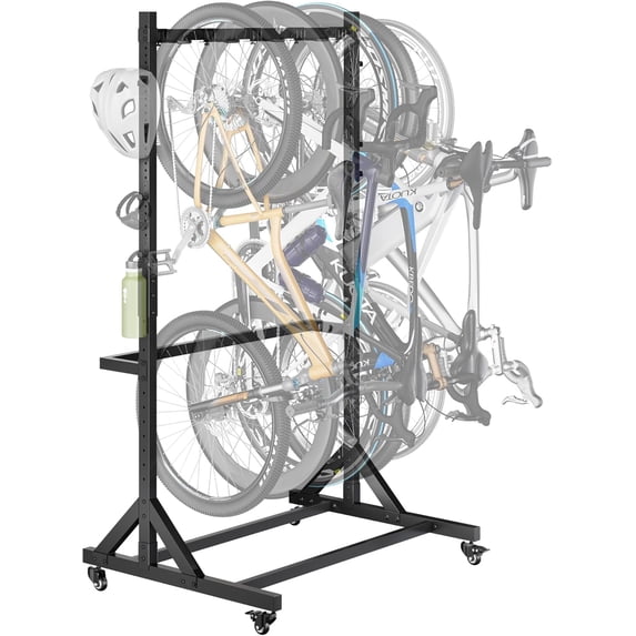 monTEK Freestanding Bike Storage Rack for 5 Bikes, Heavy-Duty Vertical Bike Stand Holds 350 lb, Adjustable Height Garage Bike Rack with 5 Bike Hooks, 6 Storage Hooks & Locking Casters