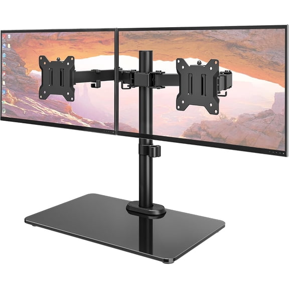 monTEK Freestanding Dual Monitor Stand for 17-32" Screens, 22 lbs Each, Full Motion Monitor Arm with Glass Base, 75x75 & 100x100 VESA, Height Adjustable