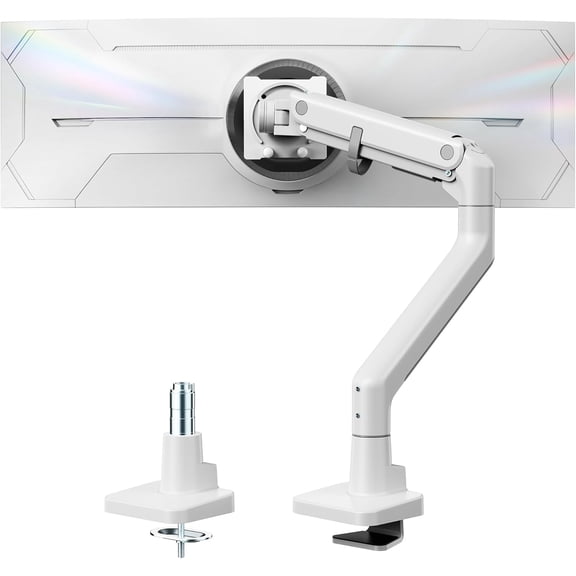 monTEK Heavy-Duty Monitor Arm for 17"–57" Ultrawide Screens, Gas Spring Desk Mount up to 59.4 lb, Adjustable Single Monitor Arm with C-Clamp & Grommet, VESA 75/100mm, White