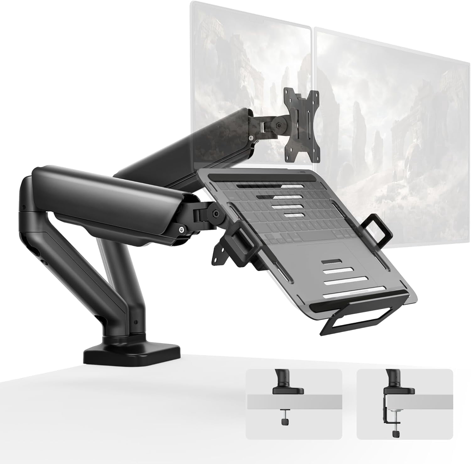 monTEK Monitor and Laptop Mount for 17"-32" Screens & 12"-18" Laptops, Dual Monitor Arm with Adjustable Laptop Tray, Full Motion Desk Mount with Clamp/Grommet Base, VESA 75x75/100x100, Black