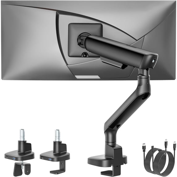 monTEK Single Monitor Arm with USB Ports, Mechanical Spring Monitor Mount for 17–40" Screens, Holds up to 26.4 lb, Full Motion Desk Arm with VESA 75x75/100x100, C-Clamp & Grommet