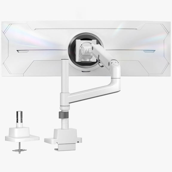 monTEK Ultrawide Monitor Arm for 17–57 in Screens, Holds up to 59.4 lb, Heavy Duty Gas Spring Adjustable Stand, Single Curved Monitor Mount, VESA 75x75/100x100, Clamp & Grommet, White