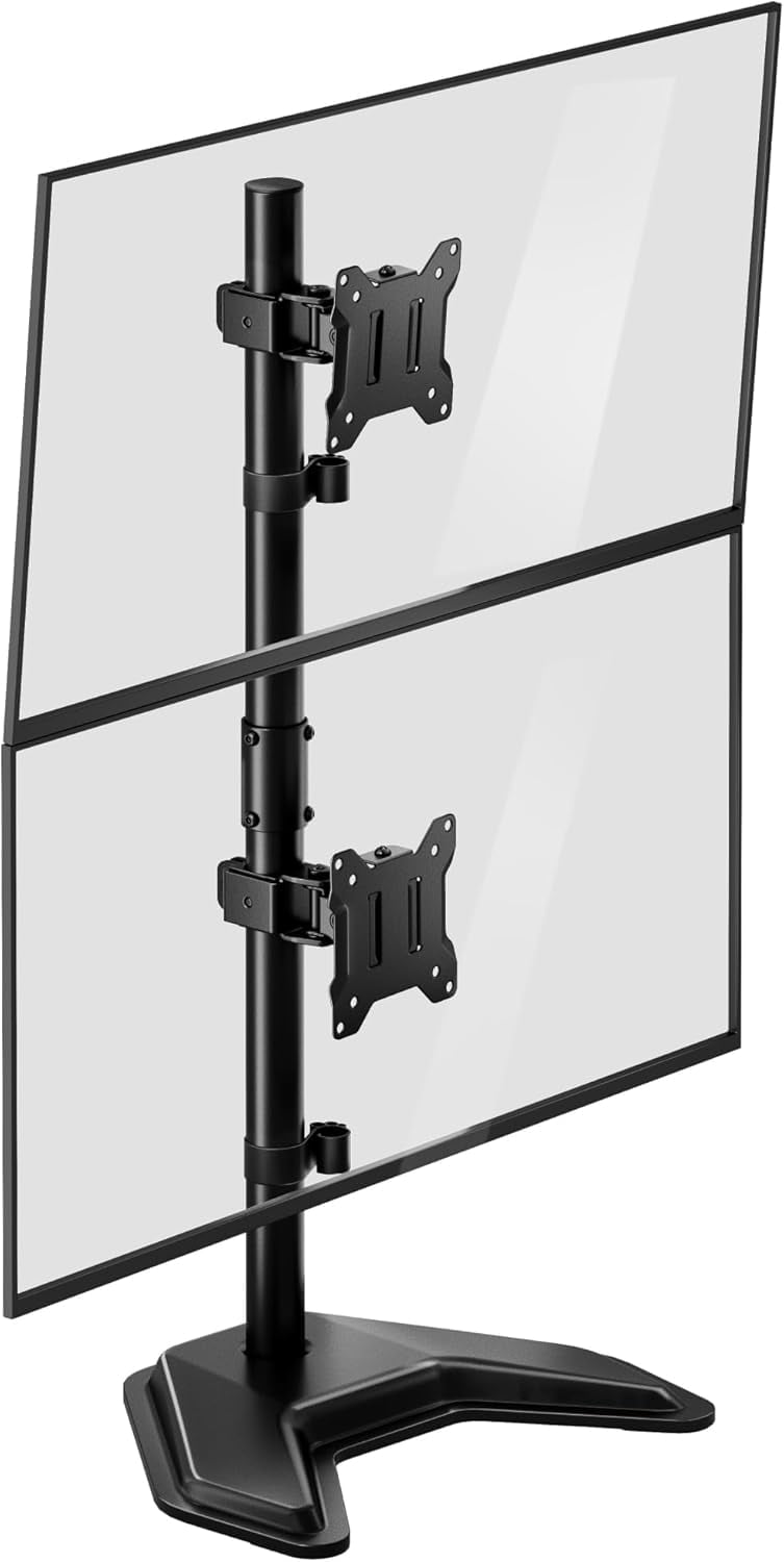 monTEK Vertical Dual Monitor Stand for 17-32 Inch Screens, Freestanding Stacked Monitor Mount with Full Motion Tilt, Swivel & Rotation, Holds up to 22 lbs per Arm, VESA 75x75/100x100mm