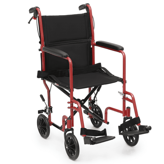 monicare *FDA APPROVED* Transport Wheelchair with Flip Back Backrest & Swing-Away Footrests, Folding Transport Chair with Hand Brake, 250lbs Weight Capacity, Red