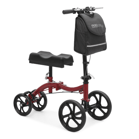 monicare Folding Knee Scooter for Foot Injuries, Adjustable Height Knee Walker with Dual Braking System & Front Bag, Crutch Alternative, Red