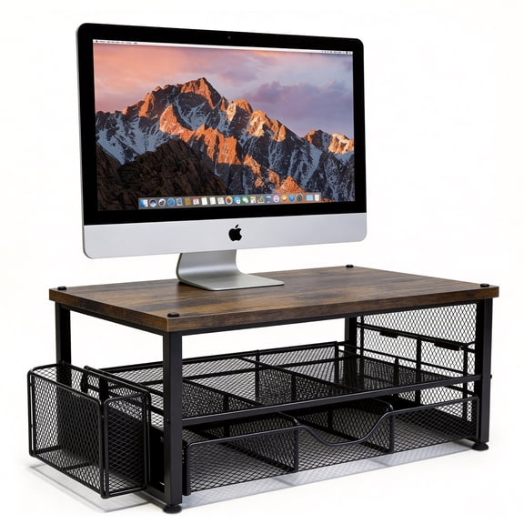 Behome Monitor Stand, 2-Tier Computer Monitor Stand for Desk with Drawer and 2 Pen Holders, Desktop Oraganizer Computer, Laptop, Screen, Printer, TV