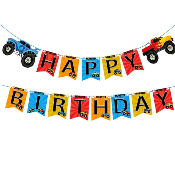 Monster Truck Happy Birthday Banner Multicolored Monster Truck Birthday Party Decorations