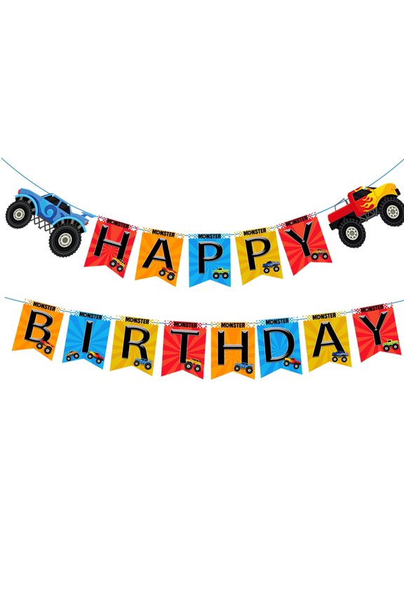 Monster Truck Happy Birthday Banner Multicolored Monster Truck Birthday Party Decorations
