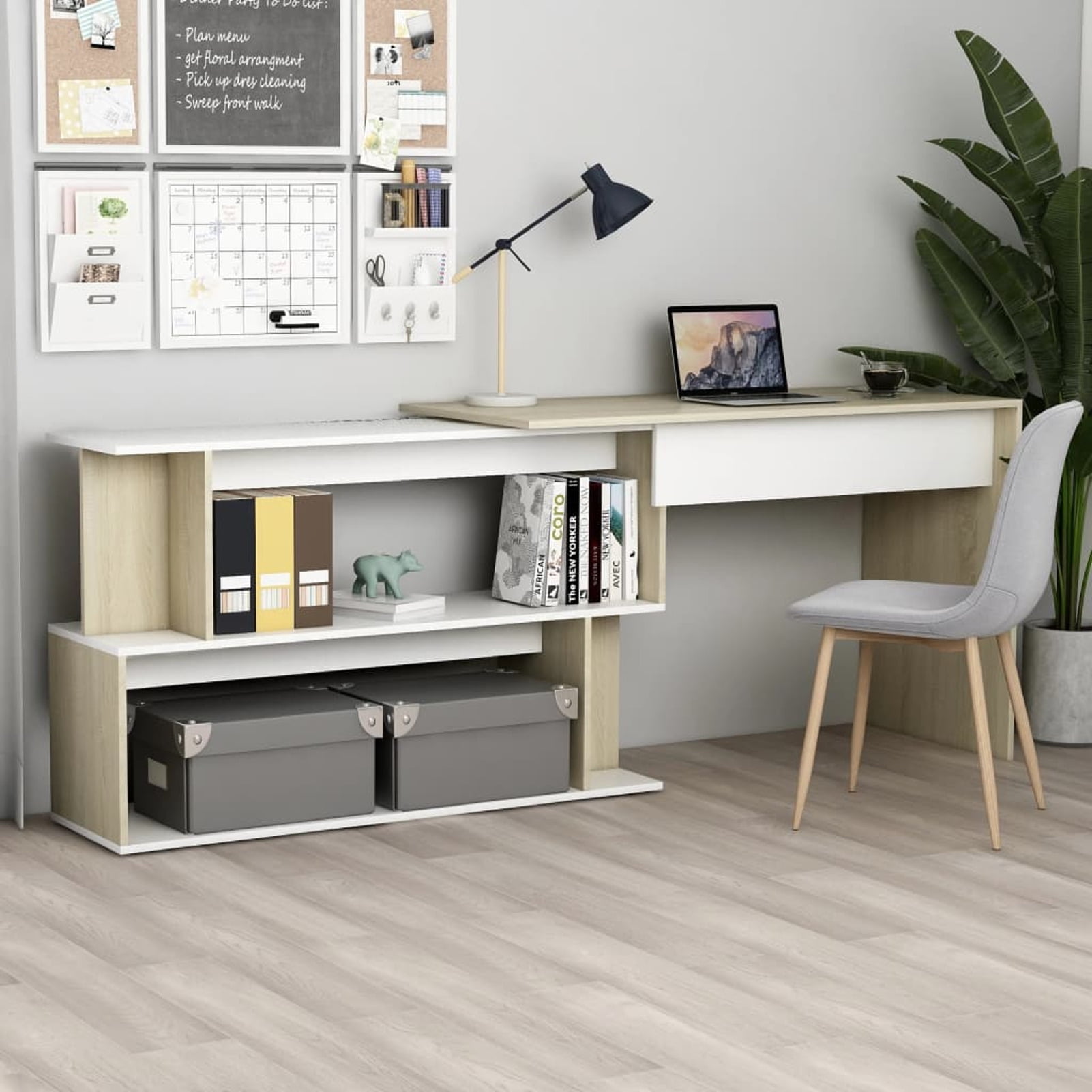 White and Sonoma Oak Rotatable Corner Desk with Open Compartments