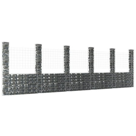 moobody U-Shape Gabion Basket with 6 Posts, Iron Mesh Grid Gabion Wall, Garden Decorative Fence for Landscape Patio Backyard Lawn
