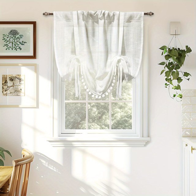 moocr Color Linen Textured Slub Sheer With Pom Pom Trim Tie Up Decorative Linen Curtains