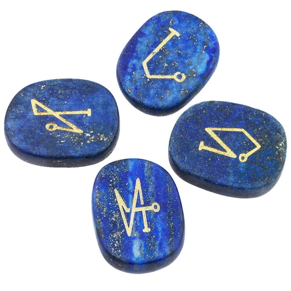 mookaitedecor 4 Piece Lapis Lazuli Stones Engraved Angel Symbols Polished Palm Stones for Reiki Crystal Healing