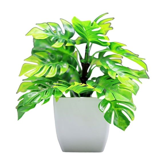moolBeko Potted Artificial Greenery Plant with White Square Pot Artificial Monstera Leaves Tabletop Centerpiece for Home Decor Office Lifelike Plastic Shrub for Indoor Decor 7.87in