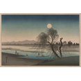 thumbnail image 1 of moonlight scene along a river with people fishing, in boats, and walking along the shore. Poster Print by Ando Hiroshige (18 x 24), 1 of 1